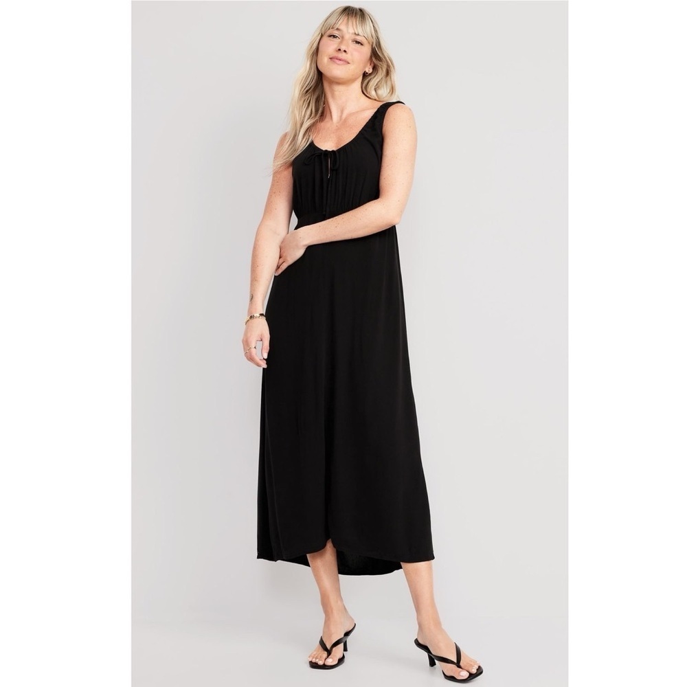 NWT Old Navy Waist-Defined Black Rayon Crepe Midi Dress Sleeveless Tie Neck M
